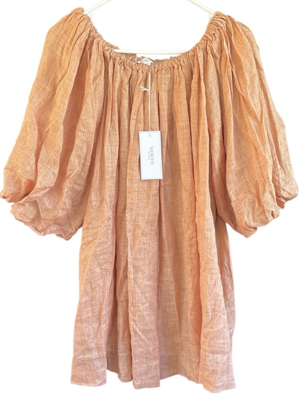 NWT WORTH Collective Cassidy Linen Puff Sleeve Off Shoulder Dress Mocha Medium